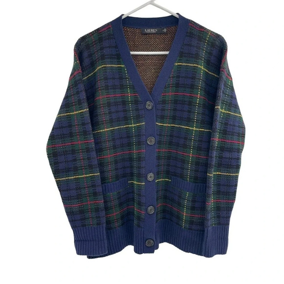 Lauren Ralph Lauren Women's Tarten Plaid 100% Wool Cardigan Sweater Size Medium - Picture 2 of 12